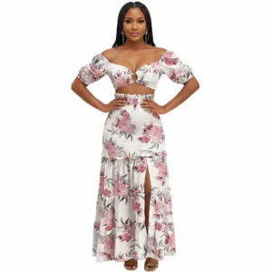 Produits 45 Ensemble deux pièces haut et jupe à imprimé floral à épaule dénudée